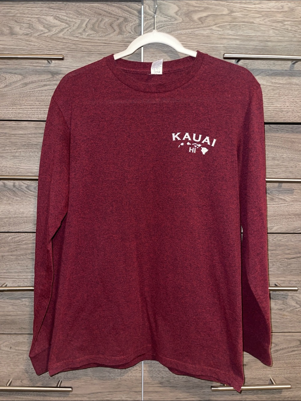 Pacific Maroon Long-Sleeve Tee with White Kauai Chest and Back Print